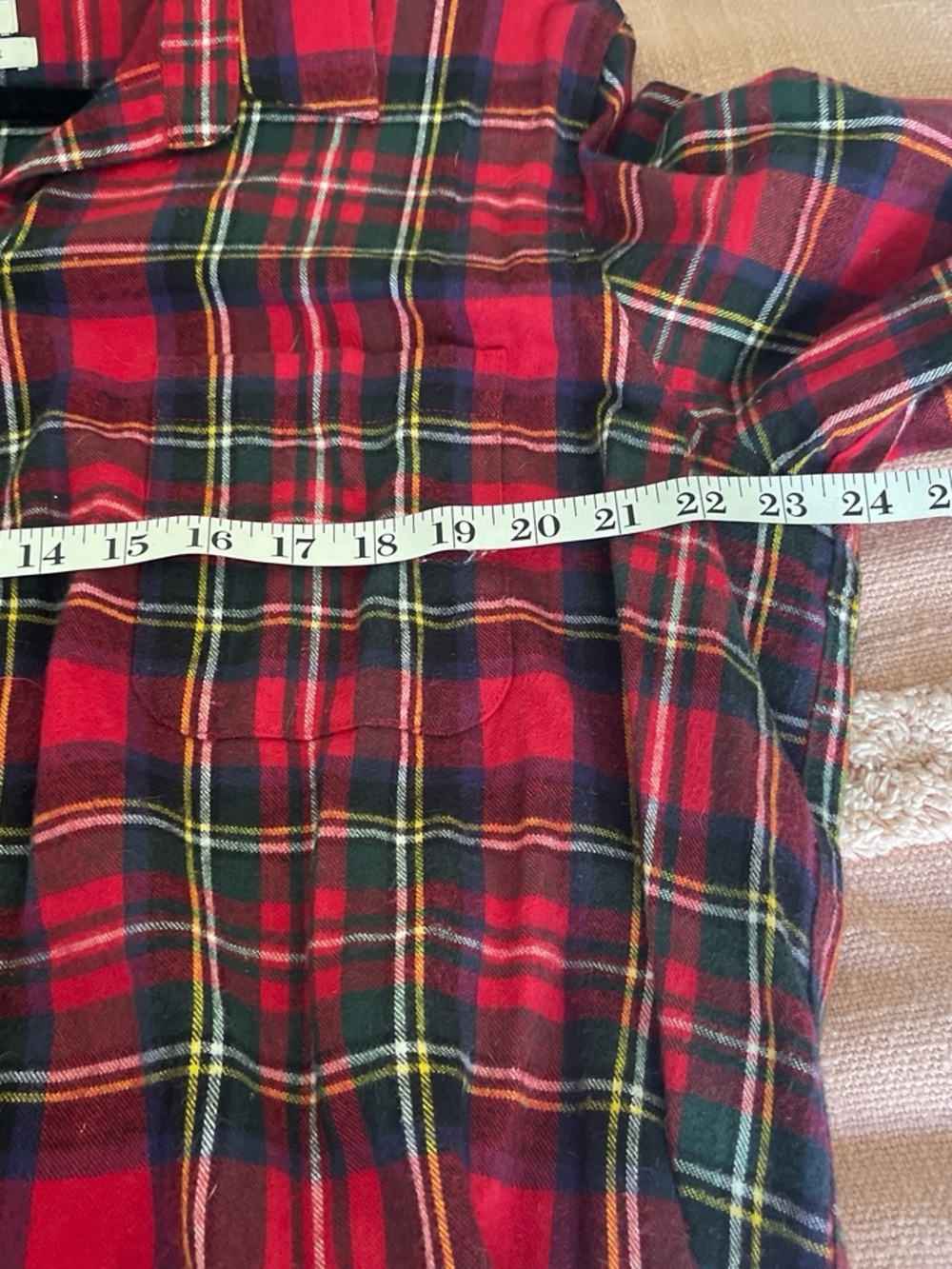 L.L.Bean Red and Navy Plaid Relaxed Fit long Flannel Shirt - Picture 3 of 4